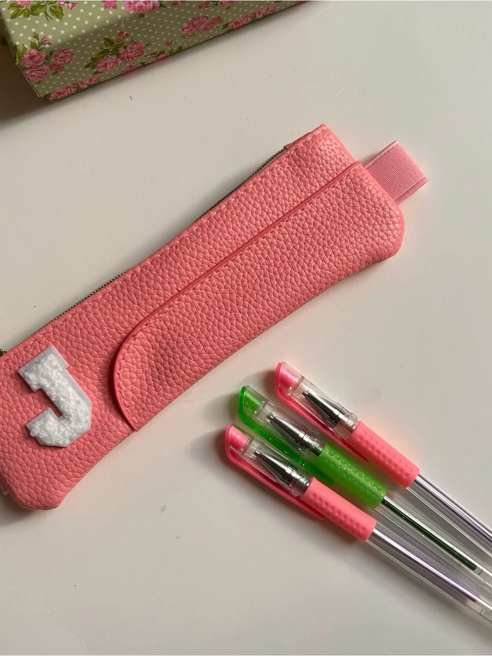 Pencil Case in Pink Faux Leather with White Chenille Varsity Monogrammed